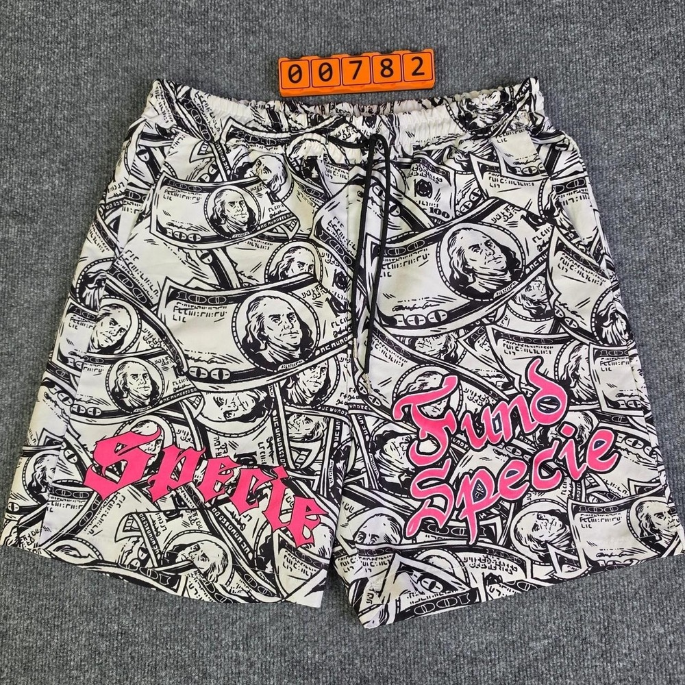 Romwe Money Shorts with pink 'Specie' text and Hundred Dollar Bills. Size Large